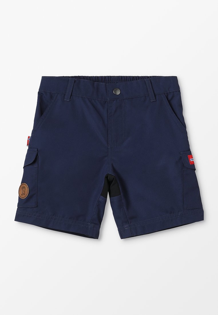 Calções azul-marinho feitos de tecido macio, com um cós elástico, bolsos laterais, um bolso cargo com um logótipo e um design clássico.