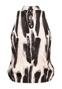 Blouse sans manches en tissu doux présentant un motif abstrait de coups de pinceau noirs sur un fond clair, avec une ouverture en forme de goutte au dos.