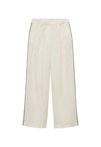 Pantalone širokog kroja boje kreme s pojasom na vezanje, koji sadrži tamne bočne pruge i prednje nabore za dodatnu teksturu.