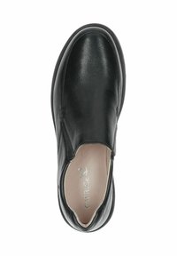 Fekete bőr slip-on cipő sima felülettel, lekerekített orral, elasztikus oldalsó panelekkel és párnázott talpbetéttel. Diszkrét márkázás a belső részben látható.
