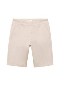 Shorts beiges en coton, avec une fermeture à bouton, deux poches avant et une texture lisse. Design classique avec des jambes droites.
