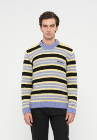 Un jeune homme portant un pull rayé en jaune pastel, noir et lavande, se tenant devant un fond blanc uni.