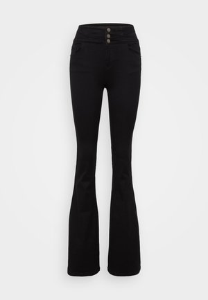 Jean noir évasé en denim, avec une taille haute et trois boutons de fermeture, des poches avant et une texture lisse.