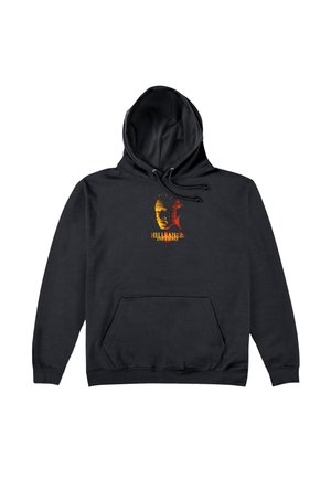 Czarna bluza z kapturem, wykonana z miękkiego materiału, z graficznym wzorem przedstawiającym twarz w kolorze czerwonym i żółtym, z napisem "HELLRAISER: INFERNO" poniżej.