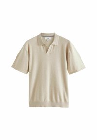 Kortærmet beige polo-shirt med V-hals, blødt stof og en afslappet pasform med ribbet kant ved nederdel og krave.