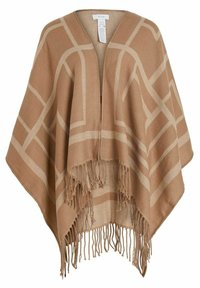 Brązowy ponczo z geometrycznym kremowym wzorem, otwarte z przodu, z frędzlami u dołu. Wykonane z miękkiego, teksturowanego materiału.