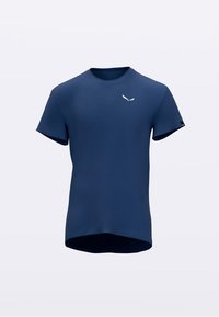 Kratka majica s kratkimi rokavi v mornarsko modri barvi iz teksturirane tkanine, z rahlo belim logotipom na prsih in rahlo ukrivljenim robom.