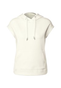 Haut à capuche blanc à manches courtes en tissu lisse, avec une poche frontale et des cordons de serrage. Design simple avec une coupe décontractée.