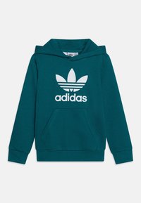 Teal cotton sweatshirt with a front pocket, featuring a white Adidas logo and three-stripe design on the chest, and a hood.