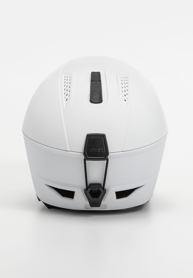 Weißer Helm mit glatter Oberfläche, schwarzem verstellbarem Riemen, Belüftungslöchern und einem zentralen Einstellmechanismus an der Oberseite. Besitzt ein elegantes Design.