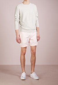 Hellgrauer Pullover, weiche Textur, Rundhalsausschnitt; kombiniert mit hellrosa Shorts und weißen Turnschuhen, mit schlichtem Design und figurbetonter Form.
