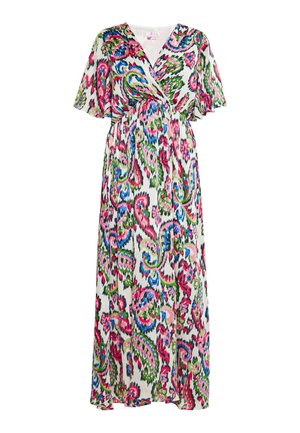 Maxi suknelė su V-kaklu, trumpomis rankovėmis ir apvyniojimo dizainu. Pasižymi ryškiu paisley raštu rožinėje, žalioje ir mėlynoje spalvose ant baltos fono.