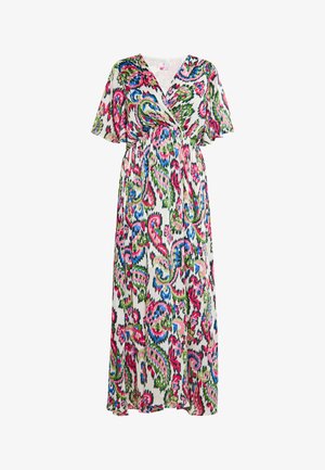 Maxi sukienka z dekoltem w kształcie litery V, krótkimi rękawami i fasonem kopertowym. Posiada kolorowy nadruk paisley w odcieniach różu, zieleni i niebieskiego na białym tle.