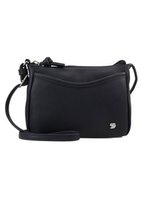 Borsa a tracolla nera in pelle con una superficie testurizzata, parte superiore piatta e un accento logo di colore argento. Cinghia regolabile e chiusura con zip.