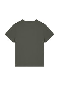 Dunkelolivgrünes T-Shirt mit kurzen Ärmeln, runder Ausschnitt, weicher Stoff, schlichte Gestaltung, keine sichtbaren Muster oder Akzente auf der Rückseite.