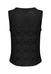 Haut noir sans manches avec un motif de dentelle florale complexe et un ourlet festonné, vu de dos.