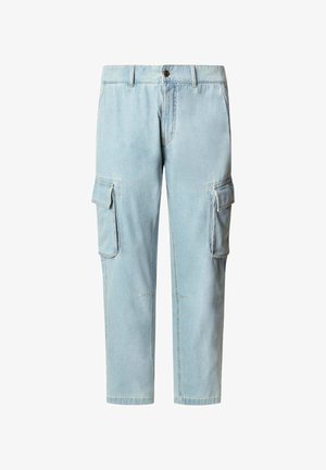 Heledad sinised cargo püksid pehmest denimist, millel on kaks küljetaskut, üks esikott ja lõppkokkuvõttes pahkluude kohal.