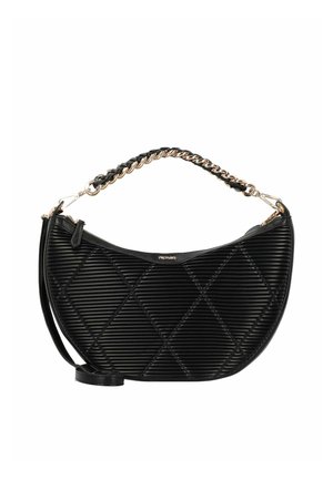 Sac à main noir matelassé avec une forme courbe, un motif texturé et une bandoulière en chaîne et en cuir. Il dispose d'une fermeture éclair et d'accents dorés.