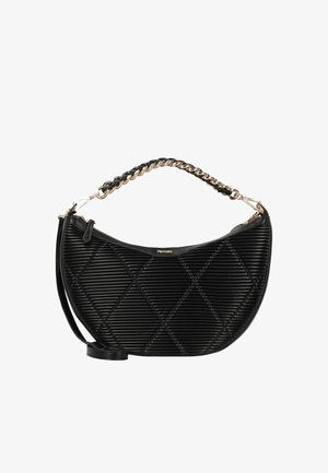 Borsa a tracolla nera trapuntata con forma curva, motivo testurizzato e una combinazione di catena e manico in pelle. Presenta una chiusura a zip e dettagli dorati.