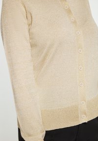 Gehaakte lichtbeige cardigan met knopen aan de voorkant, met een subtiele glans, ribbelrand en een gladde textuur. Zeven knopen langs de sluiting.