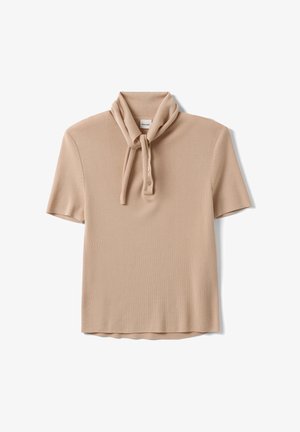 Beige short-sleeve knit top with a buttoned collar and a matching fabric tie detail on a white background.