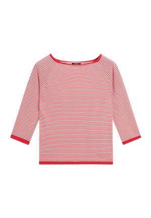 Rood-wit horizontaal gestreept shirt met lange mouwen, een brede halslijn en rode afwerking aan de boorden en zoom.