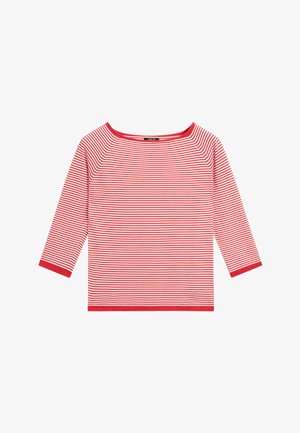 Rot-weiß gestreiftes Langarmshirt mit weitem Ausschnitt und rotem Besatz an Bündchen und Saum.