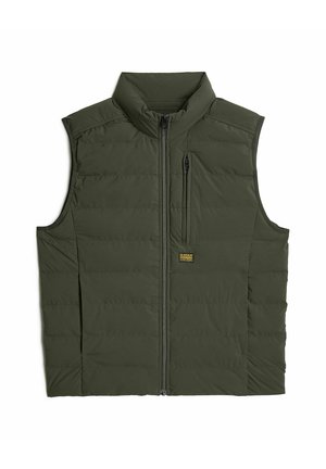 Olijfgroene puffer vest met een hoge kraag, een ritssluiting aan de voorkant en een borstzak. Bevat gestikte panelen voor isolatie en een logo patch.