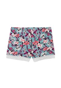 Shorts fleuris avec un fond bleu clair, ornés de fleurs roses, violettes et noires. Bordure en dentelle remarquable à l'ourlet. Taille élastique.