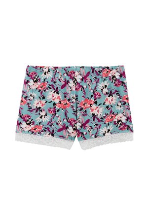 Shorts fleuris avec un fond bleu clair, ornés de fleurs roses, violettes et noires. Bordure en dentelle remarquable à l'ourlet. Taille élastique.