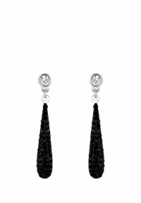 Pendientes de gota plateados con studs redondos transparentes y colgantes alargados en forma de lágrima incrustados con pequeños cristales negros.