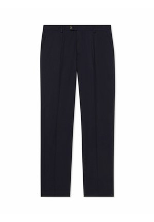 Ciemnogranatowe spodnie o prostych nogawkach z pętlami na pasek, zapinane na guziki, z bocznymi kieszeniami, przedstawione na płasko na białym tle.