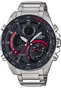 Casio Edifice watch with a stainless steel band, dark dial, red accents, tachymeter scale, and multiple digital readouts.