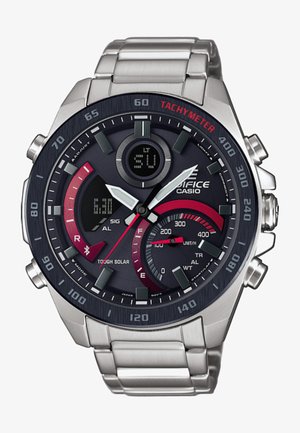 Casio Edifice watch with a stainless steel band, dark dial, red accents, tachymeter scale, and multiple digital readouts.