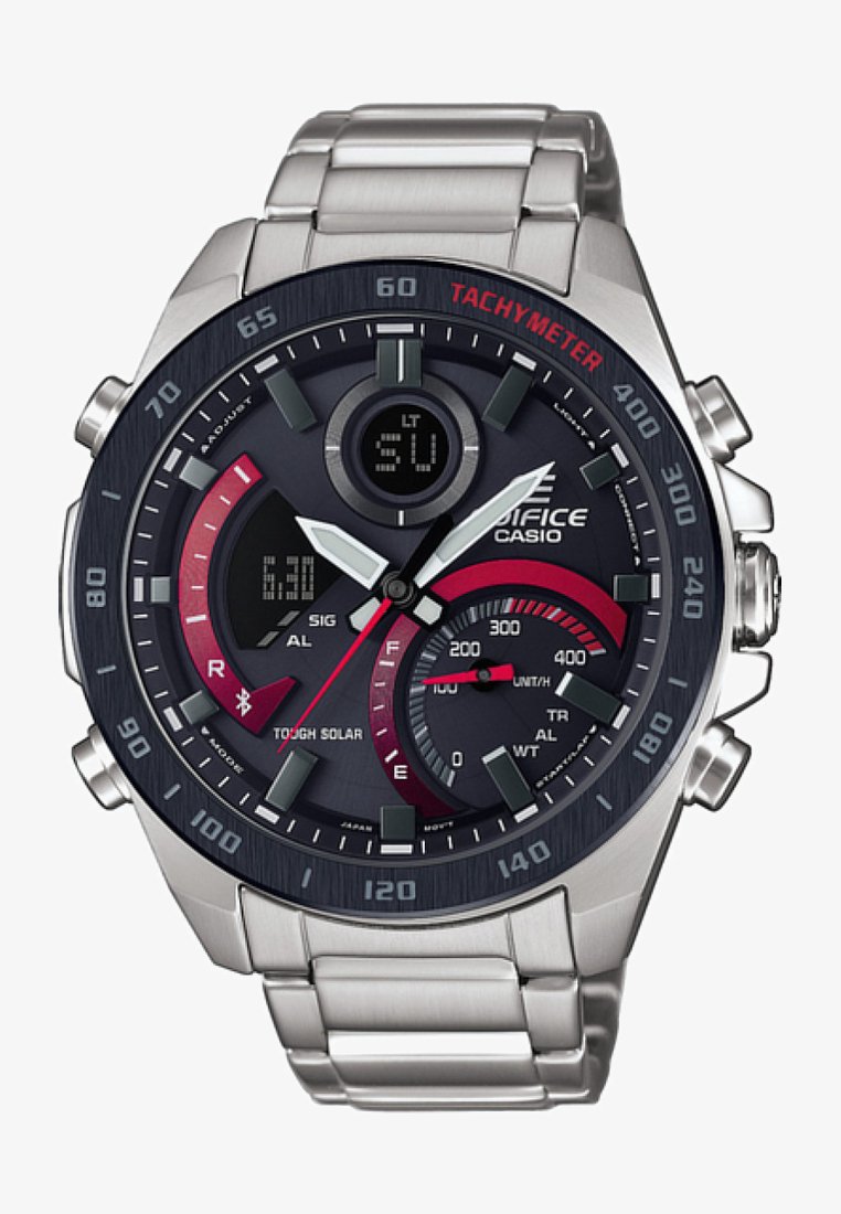 Casio Edifice watch with a stainless steel band, dark dial, red accents, tachymeter scale, and multiple digital readouts.