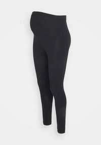 Leggings de maternidade pretos com um tecido suave e elástico, com um cós elástico e um design justo que se estende até os tornozelos.