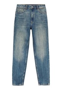 Jeans in denim azzurro chiaro con taglio dritto, con una finitura sbiadita, cinque tasche e chiusura a bottone.