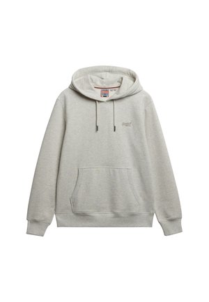 Lys grå hoodie med kanguru-lomme, snørelukning på hætten og broderet logo på brystet. Blødt bomuldsblandingsstof med ribbede mansjetter.