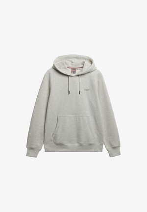 Lichtgrijze hoodie met een kangoeroezak, drawstring capuchon en geborduurd logo op de borst. Zacht katoenmix stof met ribgebreide manchetten.