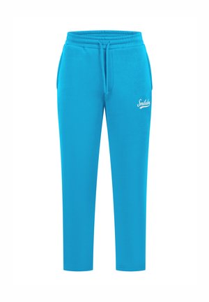 Turkis sweatpants lavet af blødt materiale med elastisk talje, snor og sidelommer. Har et hvidt logo på låret.
