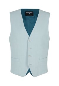 Hellblaue Weste mit strukturierter Oberfläche, einfärbiges Design, fünf Knöpfen und zwei vorderen Taschen. Gefüttert mit einem dunkleren Teal-Stoff.