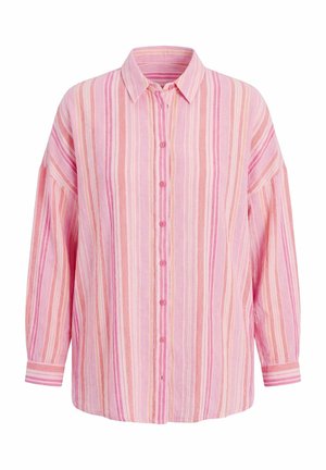 Košile s dlouhým rukávem na knoflíky s vertikálními pruhy v růžové, broskvové a bílé barvě, s špičatým límcem a knoflíkovými manžetami.