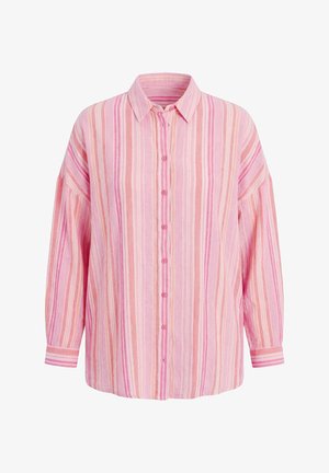 Langärmliges Hemd mit Knopfleiste, vertikal gestreift in Pink, Pfirsich und Weiß, mit spitzem Kragen und knöpfbaren Manschetten.