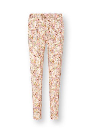 Strak gesneden broek met een elastische tailleband, voorzien van een meerkleurig bloemen- en bladmotief op een lichte achtergrond.