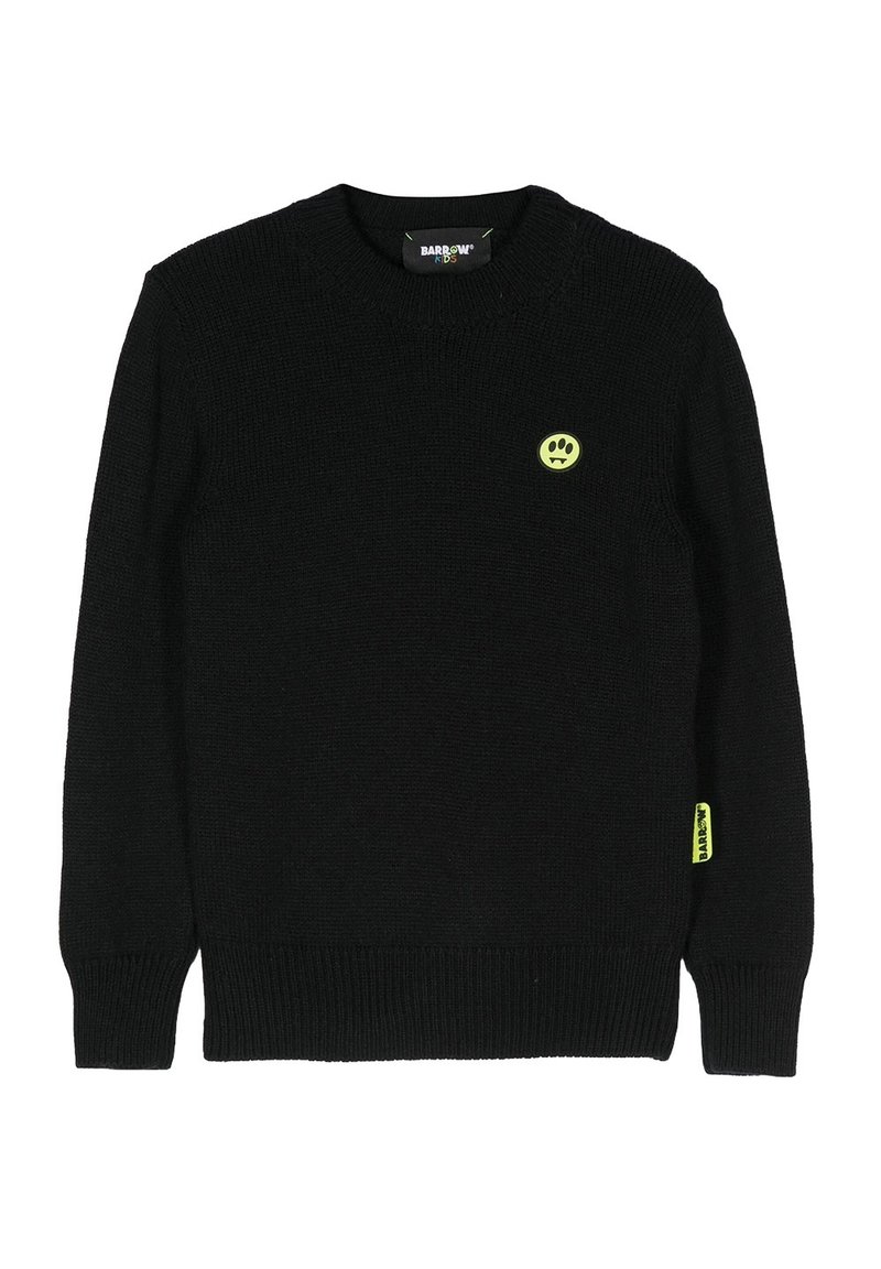 Maglione lavorato a maglia nero con collo rotondo, presenta un piccolo logo di faccina sorridente gialla sul petto e un'etichetta gialla sulla manica.