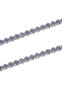 Bransoletka w srebrnym kolorze z okrągłymi, jasnoniebieskimi kamieniami osadzonymi w metalowych zębach, o jednolitym układzie i gładkim wykończeniu.