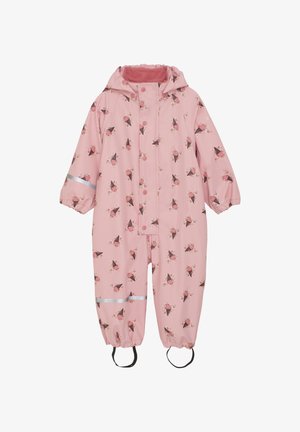 Roze waterdichte overall met bloemmotieven, elastische manchetten en reflecterende accenten. Inclusief een capuchon en verstelbare voetbanden.