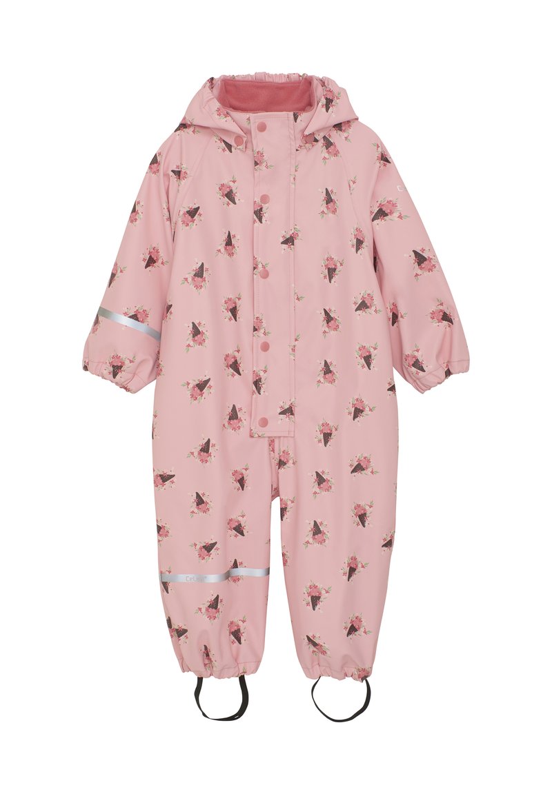 Rosa vandtæt overalls med blomsterprint, elastiske manchetter og reflekterende detaljer. Inkluderer hætte og justerbare fodstropper.