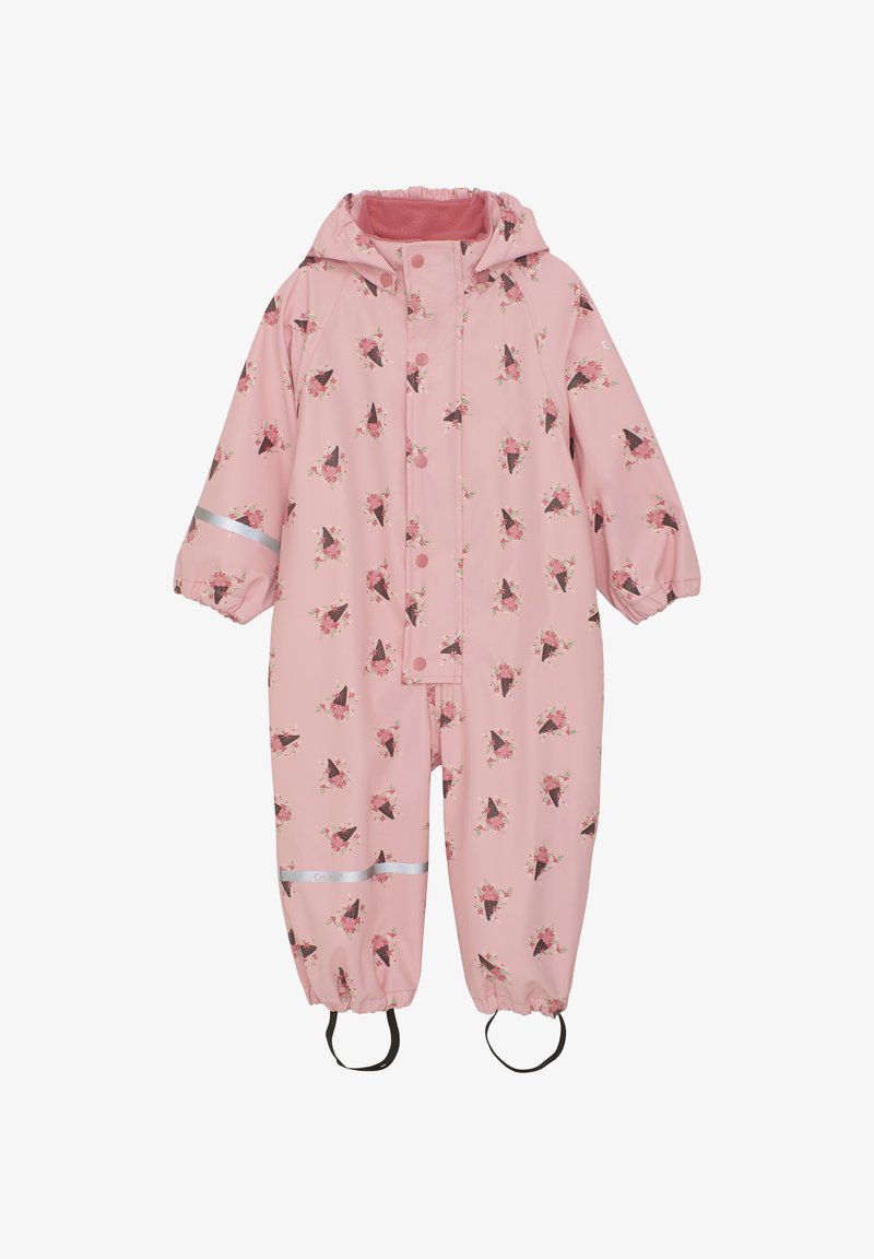 Roze waterdichte overall met bloemmotieven, elastische manchetten en reflecterende accenten. Inclusief een capuchon en verstelbare voetbanden.