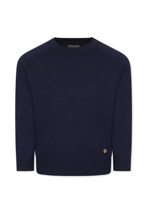 Maglione lavorato a maglia blu navy con scollo rotondo, polsini e orlo a coste, e una piccola etichetta con il marchio sul lato sinistro in basso. Tessuto morbido.